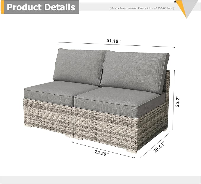 Weaxty 2 Pieces Patio Furniture Sets Middle Seats, Wicker Outdoor Sectional Sofa with Thicken Cushion, Patio Conversation Couch Set for Porch, Balcony,Yard, Poolside, Dark Gray