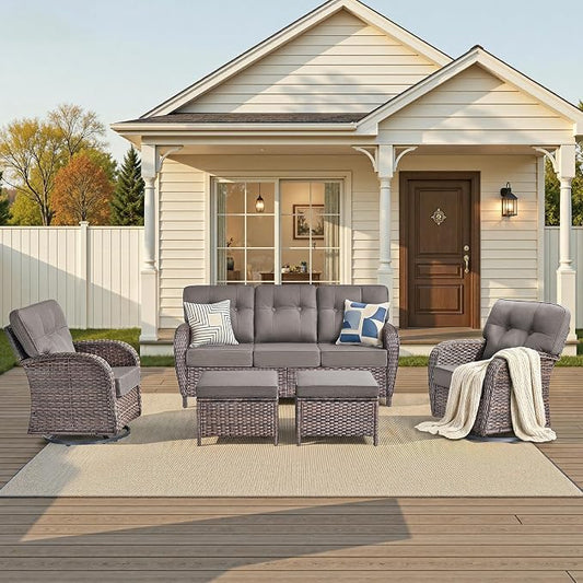 Patio Furniture Set, 5PCS Outdoor Wicker Conversation Set with 5" Thick Cushions, High Back Rattan Sofa & Swivel Rocker Chairs, Weather Resistant Olefin Fabric for Garden, Poolside Brown/Grey