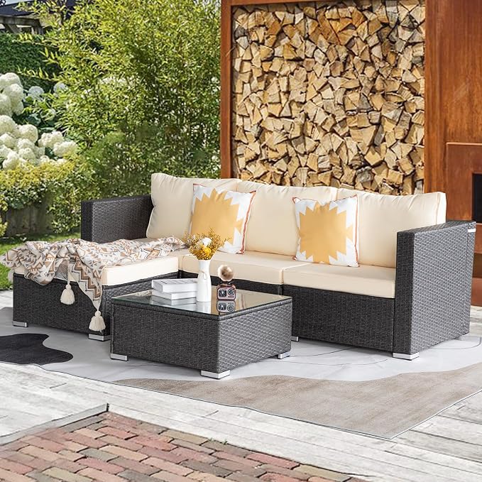 5 Piece Rattan Patio Furniture Set, Outdoor Patio Conversation Set | Soft Removable Cushion and Backrest, Tempered Coffee Table, Modern Chairs and Table Sets for Porch, Garden, Lawn, Grey/Beige