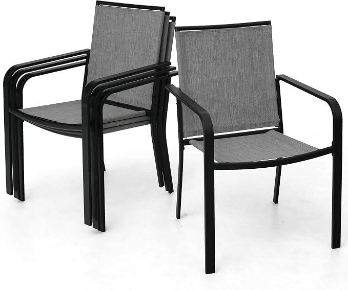 5 Piece Outdoor Patio 40" Round Glass Table and Grey Stackable Chairs Set | 4 Piece Stackable Chairs Textilene Seat and Back, Table and Chair with Metal Frame, Round Glass Table Top, 1.7" Umbrella Hole