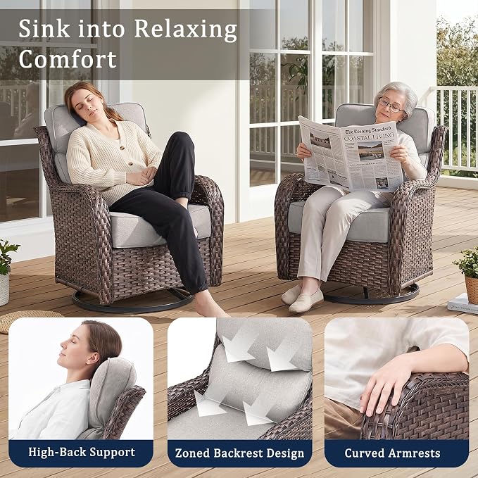 Luxury High Back Outdoor Swivel Rocker Patio Chairs with Side Table & 6-Inch Thick Cushions, 2 Pieces Patio Furniture Set for Porch, Balcony, Deck and Yard