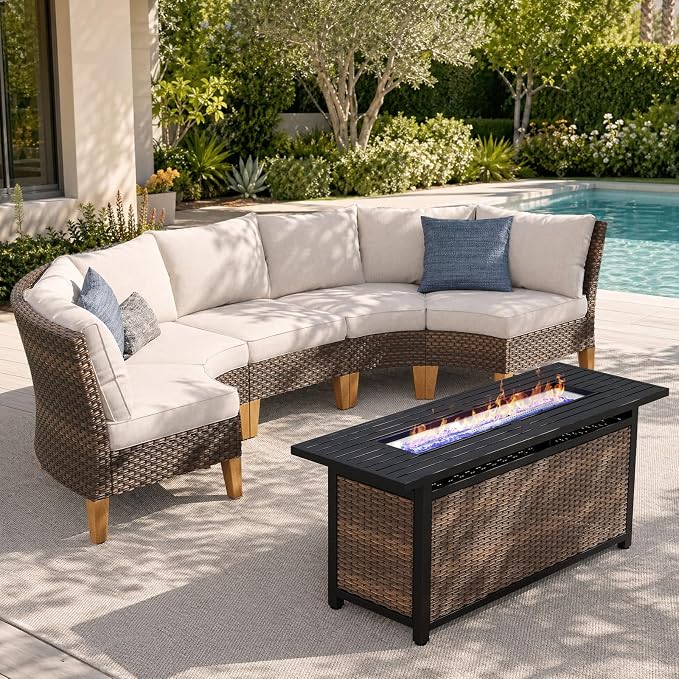 Sophia & William Patio Furniture Set with Fire Pit Table, 6 Piece Half Moon Outdoor Wicker Sectional Sofa Set, Rattan Conversation Set with 56-Inch Fire Pit Table for Backyard, Deck, Pool(Beige)