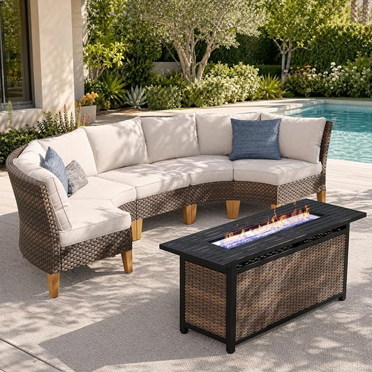 Sophia & William Patio Furniture Set with Fire Pit Table, 6 Piece Half Moon Outdoor Wicker Sectional Sofa Set, Rattan Conversation Set with 56-Inch Fire Pit Table for Backyard, Deck, Pool(Beige)