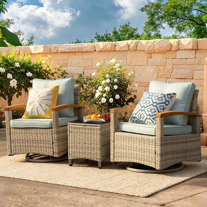 MEISSALIVVE 3 Piece Outdoor Swivel Rocking Chairs, Patio Furniture Bistro Set with 360° Wood Armrests Swivel Glide Chairs and Side Table for Deck Yard and Poolside (Blue)