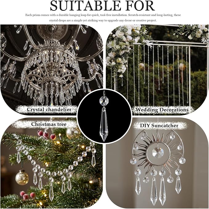 Premium Clear Crystal Glass Drops 3.1" -Multi Purpose Bluk Crystal Beads Hanging Prisms for Holiday Party/Home/Window Decoration/Chandelier Replacement Parts (L-100pcs)