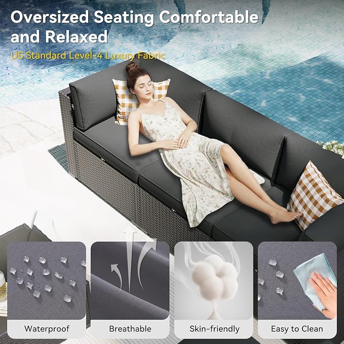 Aoxun Patio Furniture Set, 7 Piece Outdoor Sectional Sofas with Think Cushions, Wicker Rattan Outdoor Furniture Patio Conversation Set for Backyard, Garden Dark Grey