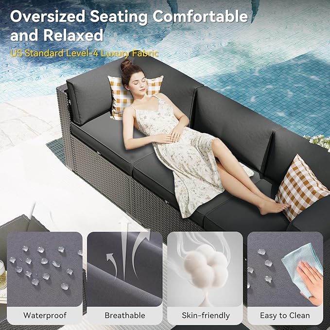 Aoxun Patio Furniture Set with Umbrella, 8 Piece Outdoor Sectional Sofas, Wicker Rattan Outdoor Furniture with Thickened Cushion for Backyard, Garden Dark Grey