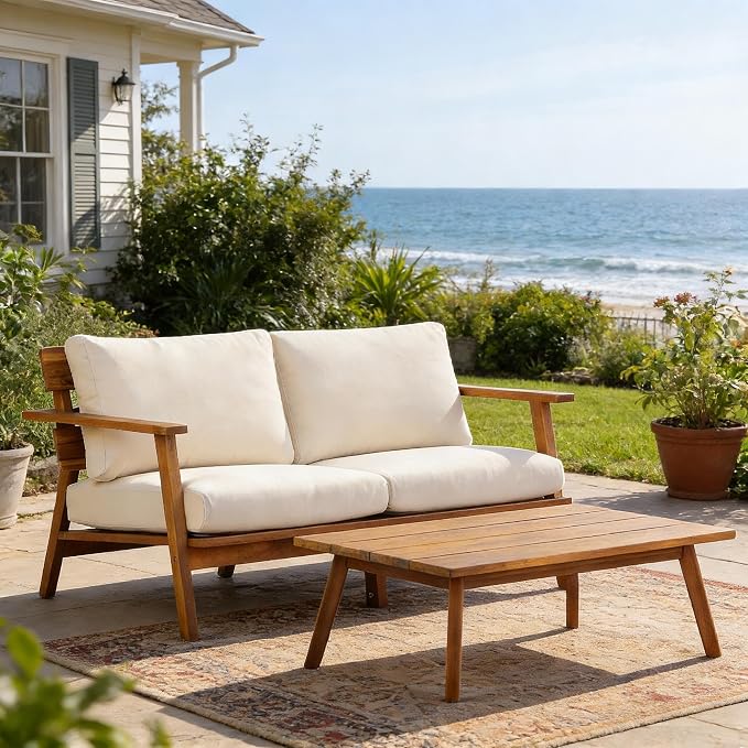 Christopher Knight Home Colmar 2 Pieces Conversation Set, Mid Century Patio Loveseat Sofa and Coffee Table, Outdoor Acacia Wood Loveseat and Table Set with Cushions in Slats Panels Design, Teak+ Beige
