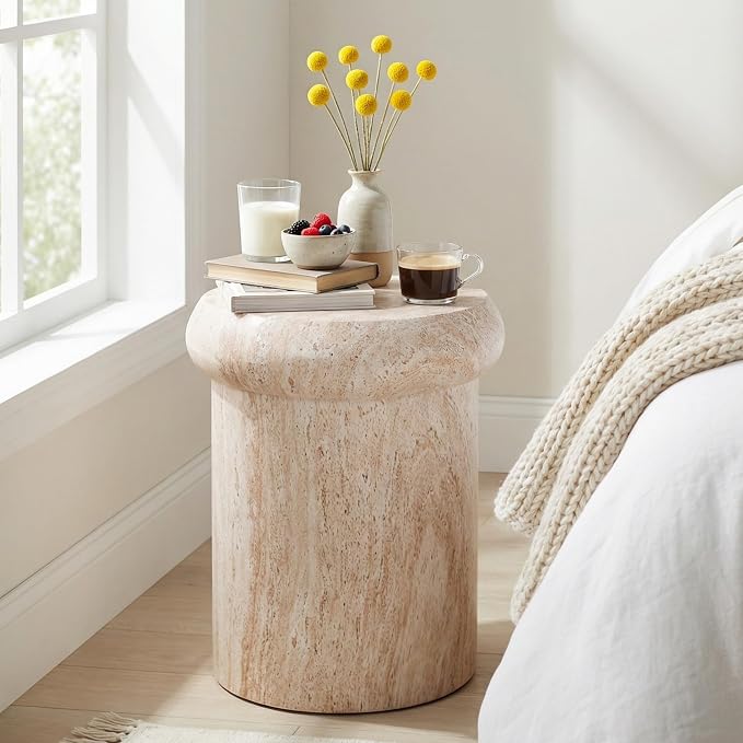 Merax 18.11" H Sculptural MGO Side Table, Modern Round End Table with Faux Marble&Travertine Finish, Indoor/Outdoor Versatile Pedestal Stool, Beige Marble