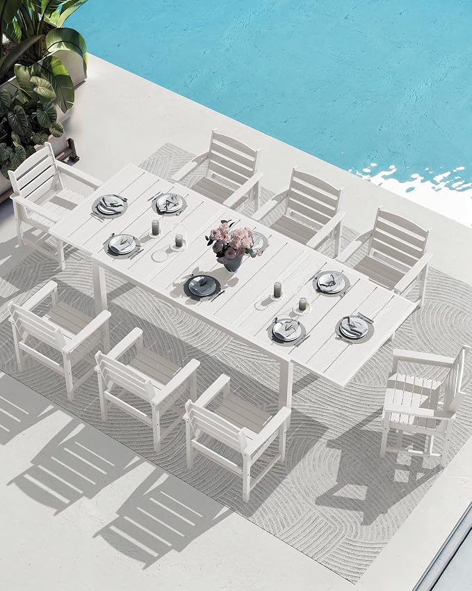 SERWALL HDPE and Aluminum Outdoor Dining Set for 8, White | 60" - 83" Expandable Outdoor Dining Table and 8 HDPE Chairs, All Weather Outdoor Furniture Set