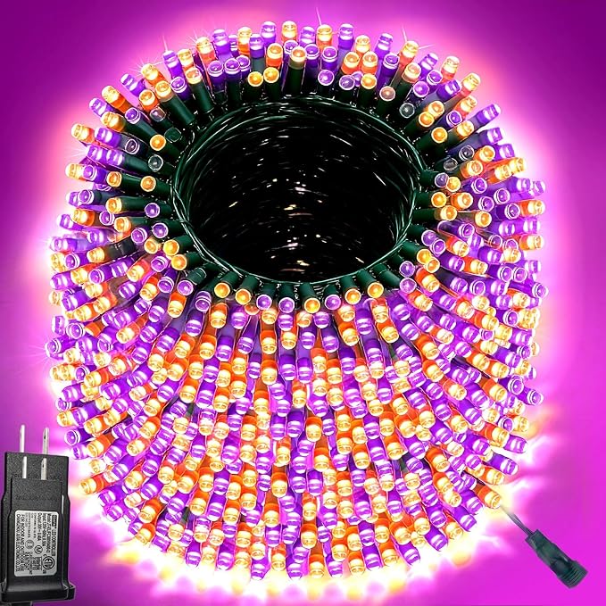 500 LED Orange Purple Halloween Lights Outdoor String Lights, 164 ft | Green Wire Waterproof Twinkle Fairy Lights with Timer, 8 Modes Connectable String Lights Indoor Halloween Decorations