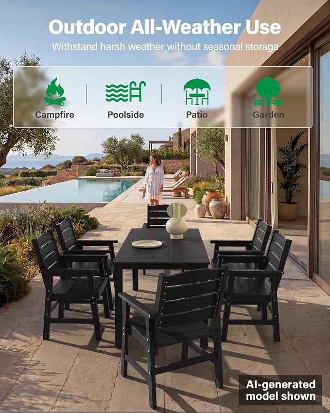 YEFU Patio Dining Sets HIPS: 5-Piece Outdoor Table and Chairs with Umbrella Hole - All-Weather Plastic Patio Dining Set for 4 Modern Furniture with Metal Aluminum Frame for Family with Deck/Pool Black