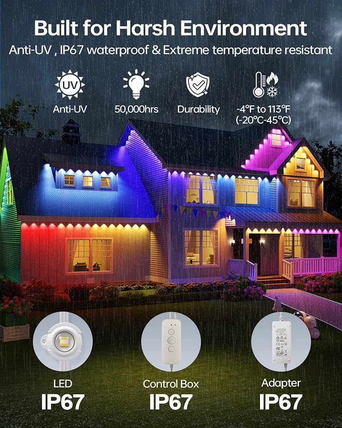 ASAHOM Permanent Outdoor Lights, 108 RGBCW LEDs, AI Lighting, 30,000 Effect | Dual Output, Extend to 800FT, IP67 Waterproof, Voice Control, for Halloween Christmas and Daily Lighting, 150FT, White, S107C