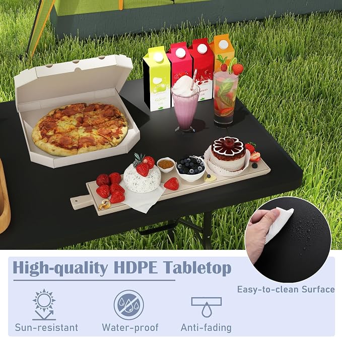 Tangkula 6 FT Folding Table, Indoor Outdoor Foldable Plastic Table with HDPE Tabletop, Sturdy Metal Fame, Carrying Handle, Heavy Duty Portable Fold-in-Half Picnic Table for Camping BBQ Party