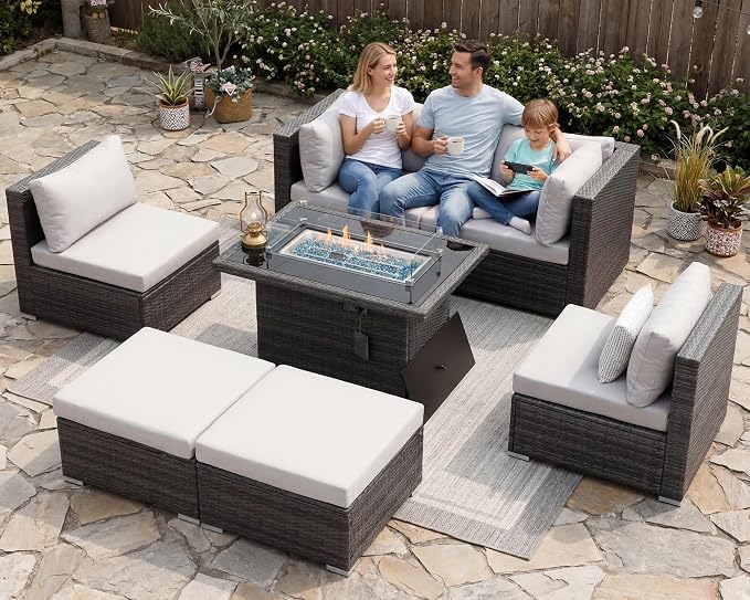 NICESOUL 6 Seats Modern Outdoor Furniture Set with Firepits Natural Gas/Propane, Extra Large Wicker Patio Sofa Sectionals for Outside, 29.3'' High Backrest Modular Deep Seated Conversations, Gray