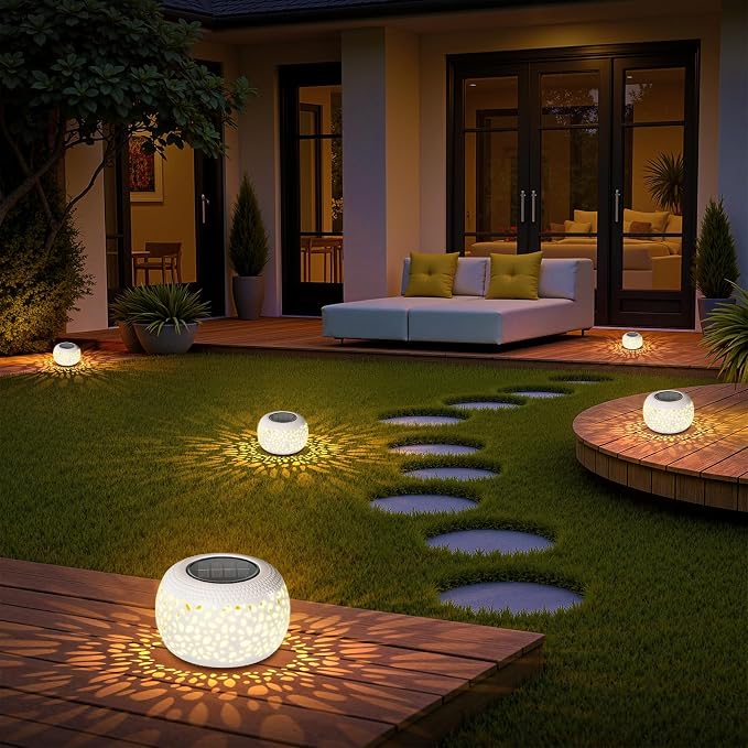 Solar Lanterns Outdoor Waterproof Lights: 2Pack White Hollow Out Metal Table Light, Outside Garden Yard Balcony Indoor Tabletop Lighting Decorations, Unique Gardening Gifts for Women Mom
