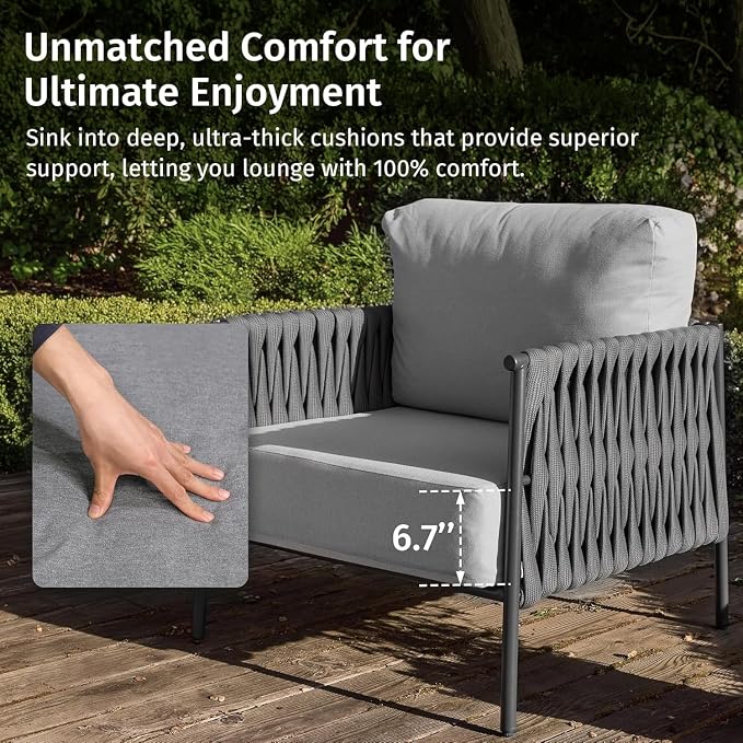 EAST OAK 3-Piece Patio Furniture Set | Armchairs & Coffee Table | Outdoor Furniture with Cushions | Deep Seating Modern Conversation Set | Garden, Porch, Balcony & Backyard | Misty Grey