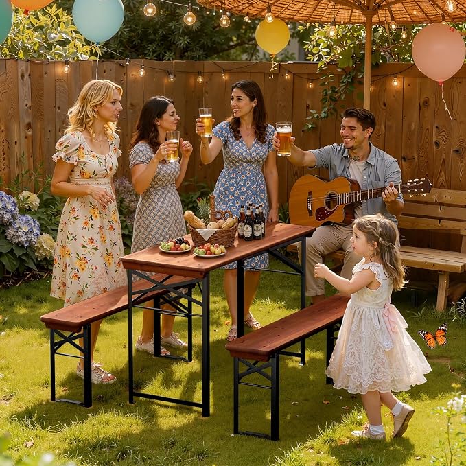 VINGLI 45 Inch Folding Picnic Tables with Benches Set, Weather-Resistant Wooden Beer Garden Table Bench, 3-Piece Portable Fold Up Camping BBQ Table,Walnut Color
