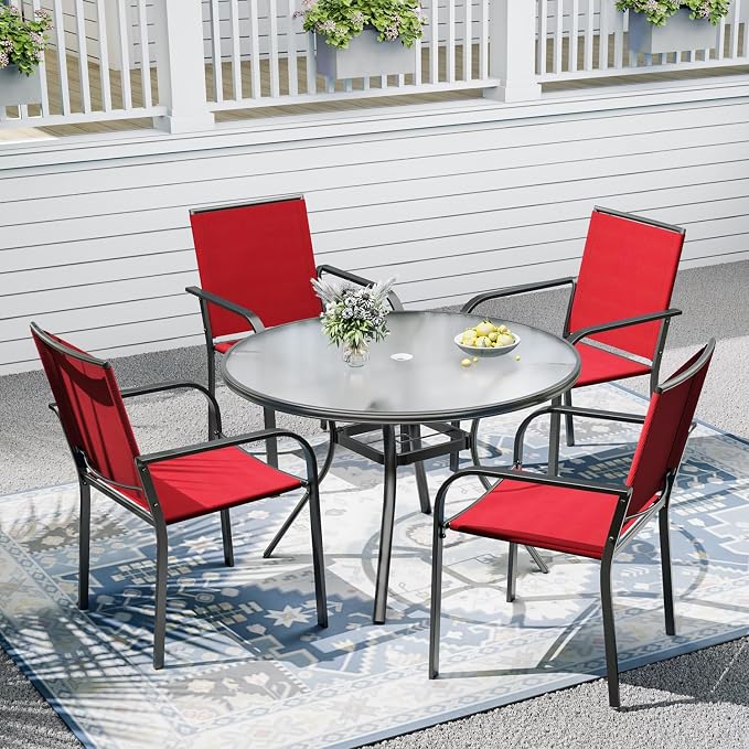 Outdoor Patio Set, 40" Round Glass Dining Table and 4pcs Stackable Chairs, All-Weather Patio Furniture Set with 1.7" Umbrella Hole for Garden Backyard Lawn Poolside
