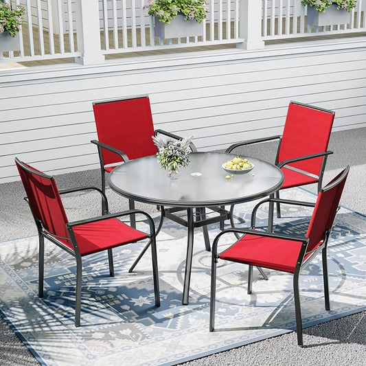 Outdoor Patio Set, 40" Round Glass Dining Table and 4pcs Stackable Chairs, All-Weather Patio Furniture Set with 1.7" Umbrella Hole for Garden Backyard Lawn Poolside