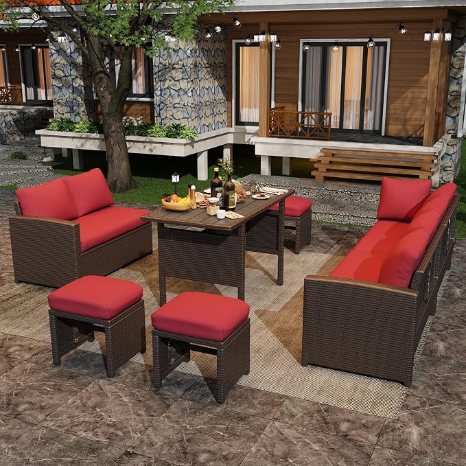 U-MAX 7 Pieces Patio Furniture Set, Outdoor Sectional Sofa Conversation Set, All Weather Wicker Rattan Dining Table & Chair with Ottoman, Brown Rattan&Red Cushion