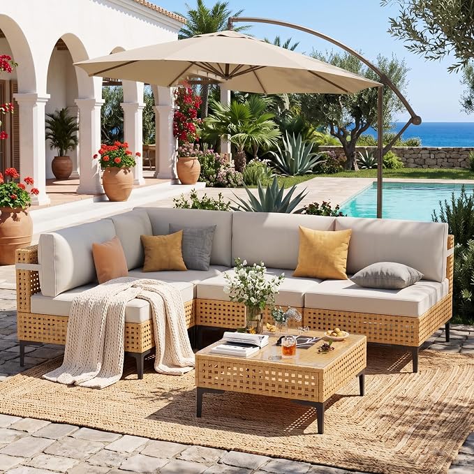 ABCASA Patio Sectional Furniture Set, 5-Piece Wicker Outdoor Patio Furniture Sets with Anti-Slip Cushions & Coffee Table,Boho Patio Conversation Set Sectional Sofa for Backyard,Porch,Garden,Beige