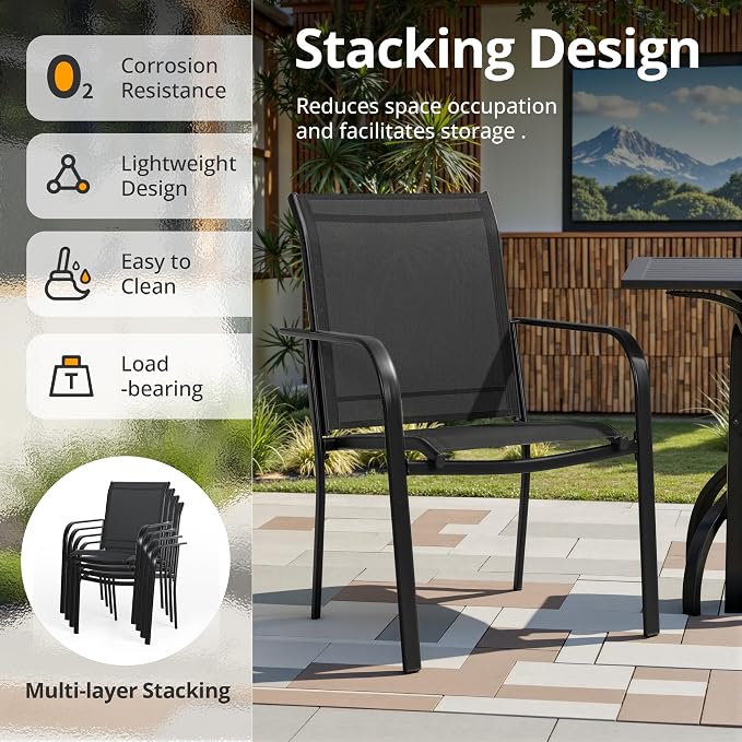 SUNCROWN 7 - Piece Outdoor Dining Set, Patio Furniture Set with 6 x Textilene Dinning Chairs and 1 Steel Slat Metal Bistro Table for Lawn Garden Backyard Deck, Black