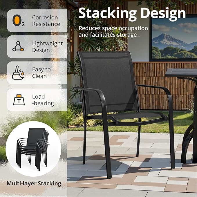 SUNCROWN 5 Pieces Outdoor Dining Set, Patio Furniture Set with 4 x Textilene Dinning Chairs and 1 Steel Slat Metal Bistro Table for Lawn Garden Backyard Poolside Deck, Black