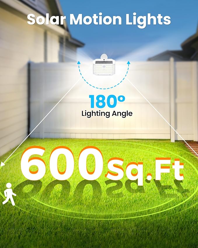 176LED Clip on Solar Lights Outdoor, 600LM Solar Motion Lights Outdoor with 180° Wide Angle, IP65 Waterproof Portable Solar Fence Lights Outdoor for Fence, Gutter, Garden, Camping, Patio White 4Pack