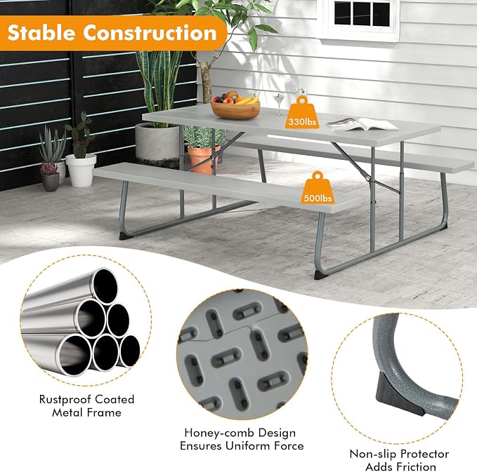 Tangkula 6 Ft Folding Picnic Table, Outdoor 8 Person Large Picnic Table Set with 2 Built-in Benches, Umbrella Hole, Metal Frame & HDPE Tabletop for Garden, Backyard (Grey)