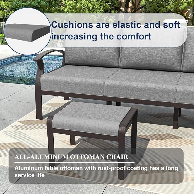 Kurapika Aluminum Patio Furniture Set 5-Seat Modern Outdoor Conversation Sets w/2 Ottomans with Rectangular Coffee Table, Grey
