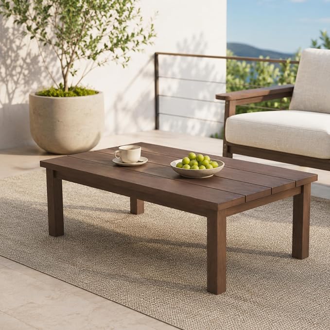 HDPE Outdoor Coffee Table, Weather-Resistant Rectangle Patio Coffee Table with Large Tabletop for Balcony, Deck, Garden, Poolside (Brown)