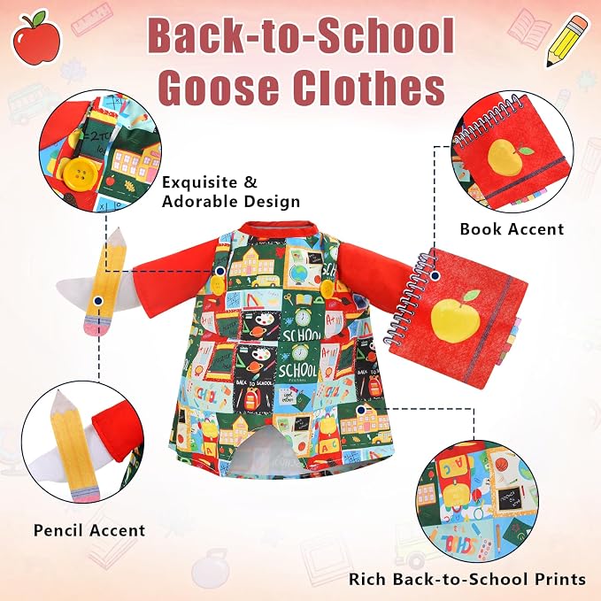 Back to School Porch Goose Outfit with Schoolbag for School Outdoor Decor | Fits 23'' Goose Statues, with Apple Hat, School Bag, Pencil, and Notebook, for Classroom Garden Yard Lawn Patio Decoration