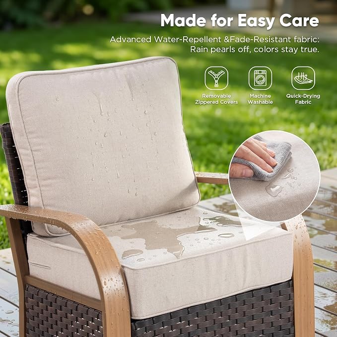 Belord 5 Piece Patio Furniture Set with Fire Pit Table, 4 Outdoor Swivel Chairs All Weather Conversation Set with 6-Inch Thick Cushions, Wicker Furniture for Deck Proch Pool Yard, Wood & Beige