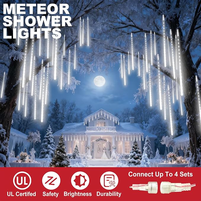 EEIEER Meteor Shower Lights Outdoor, 11.8 inches 10 Tubes 240 LED Snowfall Falling Rain Lights for Halloween Christmas Holiday Tree Home Party-White