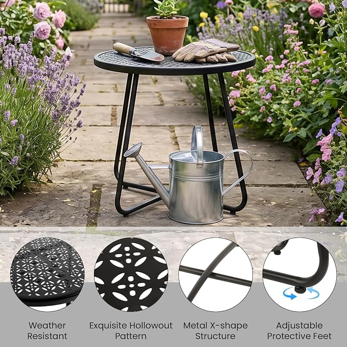 danpinera Outdoor Side Tables, Small Black Round End Table with Flower Cut Outs for Patio Yard Balcony Garden Bedside