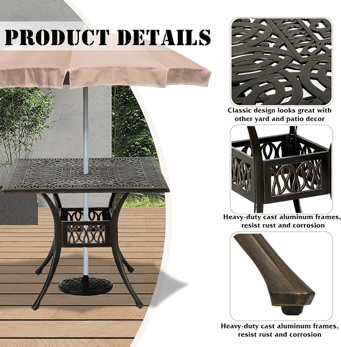 35.4in Square Cast Aluminum Patio Bistro Table, Outdoor Dining Table with 2" Umbrella Hole, Weather-Resistant Table for Porch, Backyard, Garden, Balcony, Bronze (35.4" Square Table)