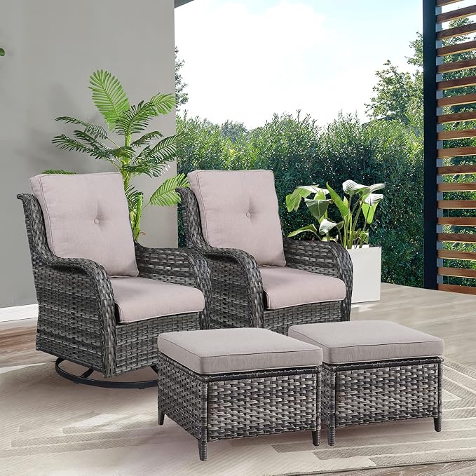 Rilyson Wicker Patio Furniture Set - 4 Piece Rattan Outdoor Sectional Conversation Sets with 2 Swivel Rocking Chairs,2 Ottomans for Porch Deck Garden(Mixed Grey/Grey)