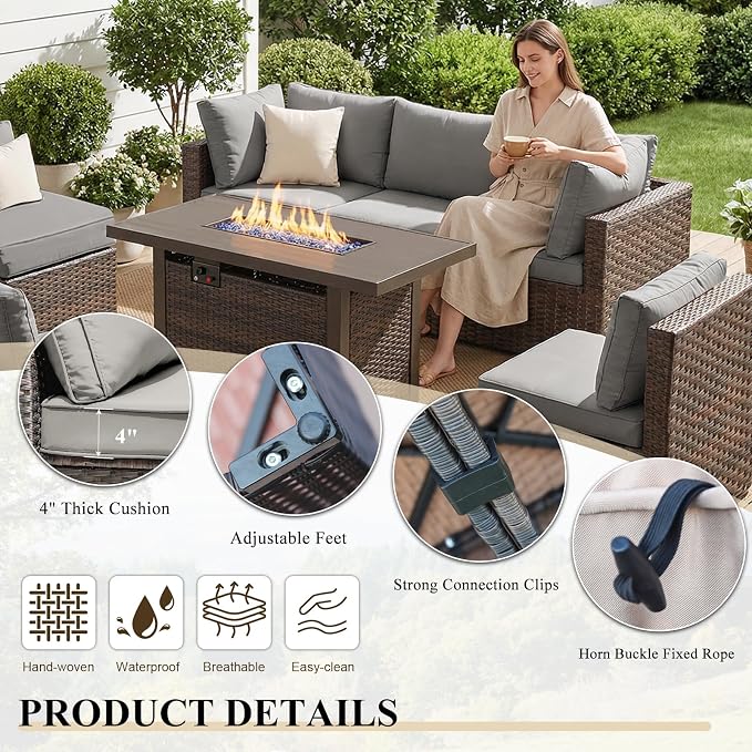 Patio Furniture Set 11 Pieces with 44" Fire Pit Table, Rattan Outdoor Sectional Conversation Sets, All Weather Outdoor Furniture Set with Cushions for Garden Lawn Balcony Porch Deck Grey