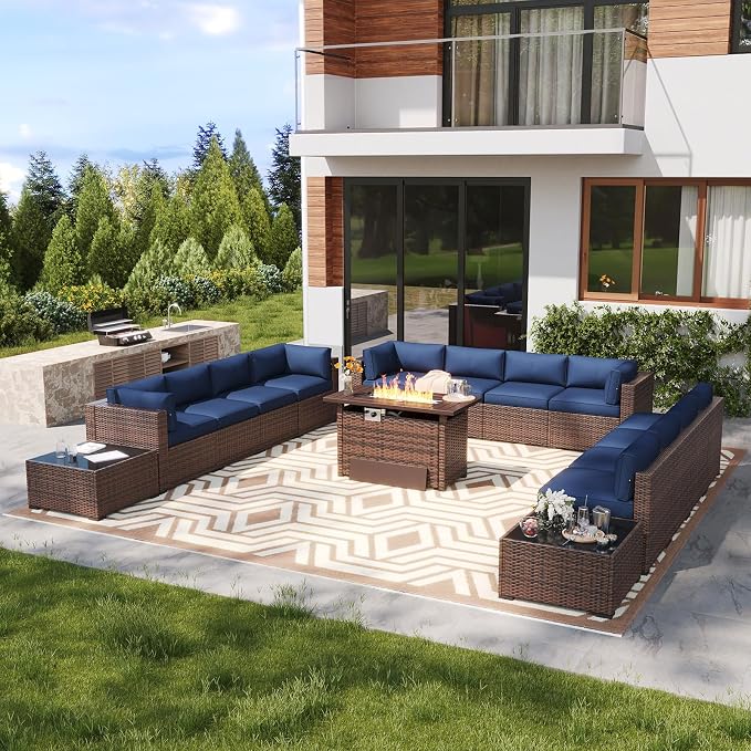 LazySunsets 15 Piece Outdoor Patio Furniture Set with 44'' Fire Pit Table, Outdoor Patio Furniture Set with 4'' Thicken Cushion, Wicker Rattan Outdoor Conversation Set for Backyard & Garden, Blue