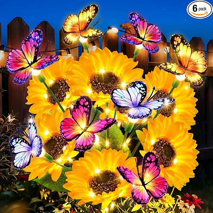 6 Pack Solar Sunflower Lights with Butterflies, Garden Light Outdoor Decor | Sunflowers Decor, Lifelike Solar Flower Lights Waterproof for Garden, Flower Beds, Yards, Patios, Gift for Women Mom Grandma