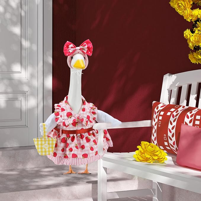 Summer Porch Goose Outfits for 23 Inch Lawn Statue | Strawberry Gril with Basket Costume for Plastic/Cement Statue, Spring Duck Sculpture Clothes for Yard Patio Party Decoration