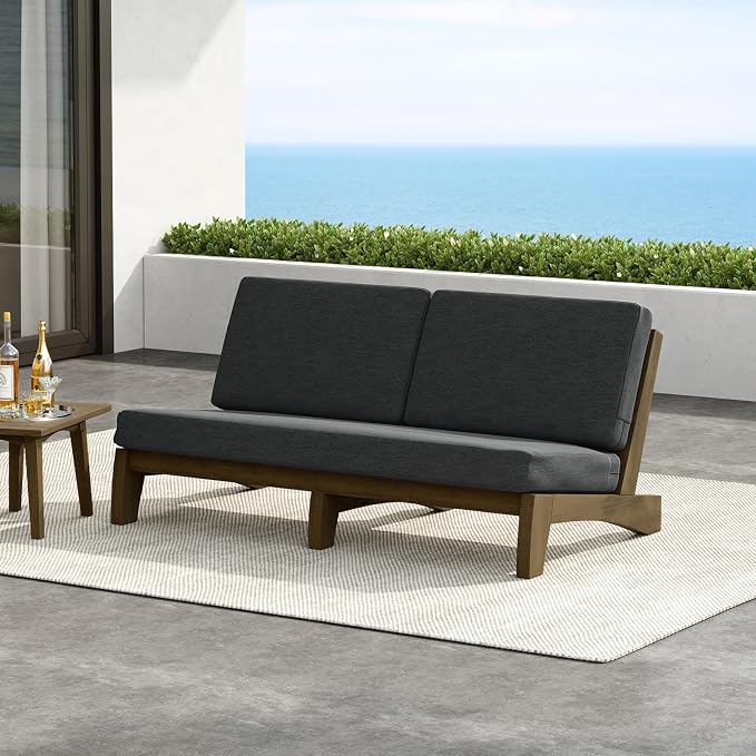 Outdoor Furniture Patio Couch, Weather Resistant 3-Seater Patio Sofa with Removable Cushion, Teak Wood Frame for Porch & Backyard Seating - Dark Gray