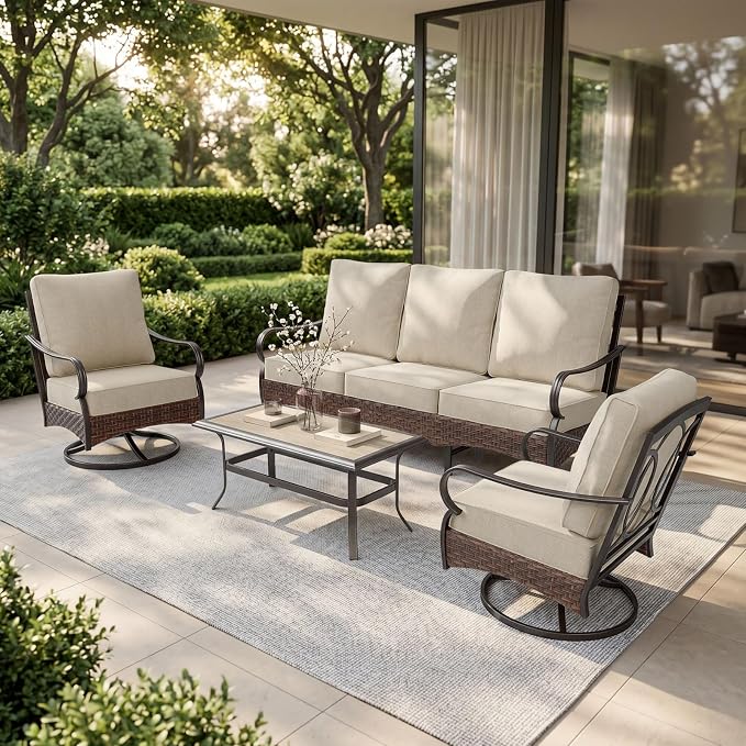 PHI VILLA Patio Furniture Set, Upgraded Wicker & Metal Outdoor Conversation Sets Patio Sofa with 5.5" Thick Cushions and Coffee Table for Porch, Poolside, Yard (4 Pieces, Beige Cushion)