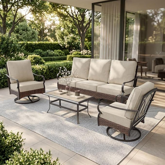 PHI VILLA Patio Furniture Set, Upgraded Wicker & Metal Outdoor Conversation Sets Patio Sofa with 5.5" Thick Cushions and Coffee Table for Porch, Poolside, Yard (4 Pieces, Beige Cushion)