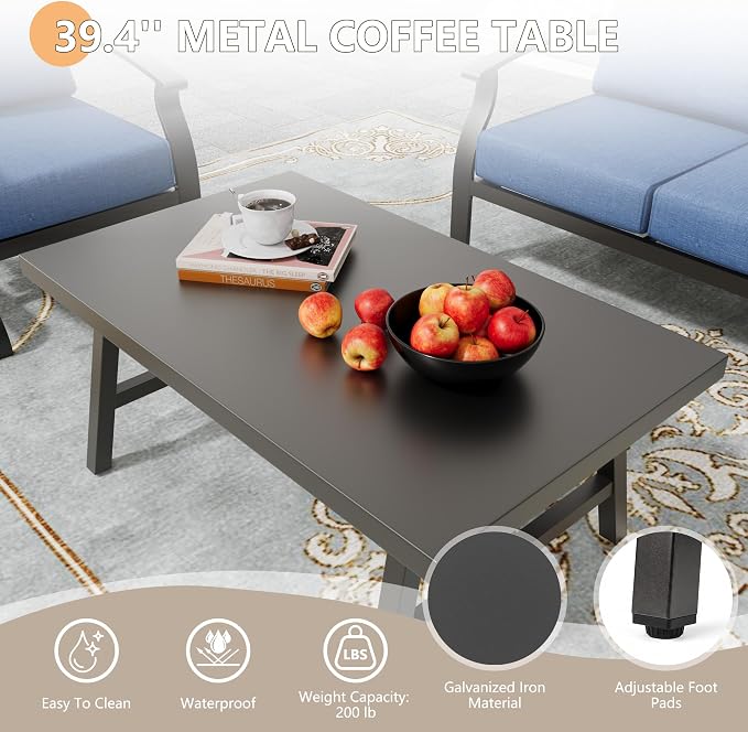 Metal Patio Furniture Set,4 Pieces 5 Seats Patio Sectional Outdoor Furniture Set with Rectangular Coffee Table,Patio Conversation Sets with 5.1" Thickened Cushions,Navy BlueNavy Blue