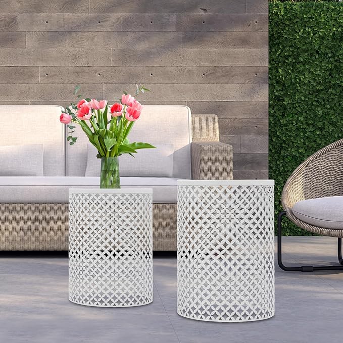 Set of 2 Outdoor Side Table, Garden Stool for Patio, Metal Accent Table Modern End Table, Patio Side Table for Garden, Balcony, Bedroom Indoor Outdoor Decorative, Cream White