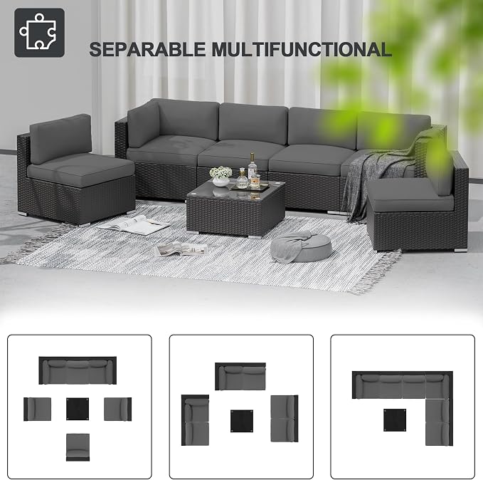 SUNCROWN 7-Piece Outdoor Patio Furniture Sofa Set All-Weather Black Wicker Sectional Conversation Set with Modern Glass Coffee Table and Cushions, Garden, Backyard, Deck, Poolside,Dark Grey