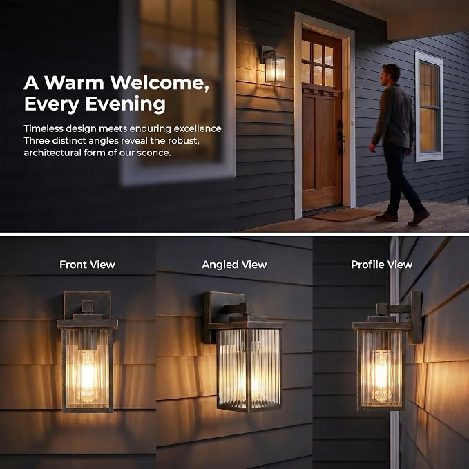 Black Brush Gold Porch Light, Waterproof Outdoor Wall Light | Corrosion-Resistant Metal, Waterproof, Textured Glass Cuts Glare, Easy DIY Install on Porch, Garage