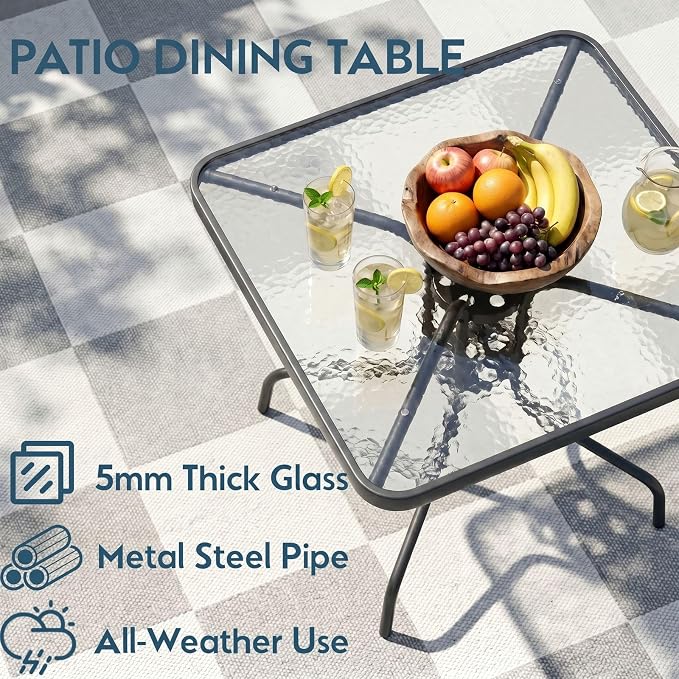 Arlopu 5 Piece Outdoor Patio Dining Set (Umbrella not Included), Porch Furniture with 4 Textline Chairs, 1 Square Glass Table for Garden, Backyard and Poolside, Lawn (Navy Blue)